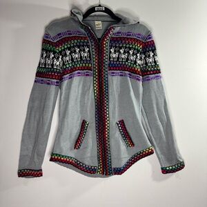 Peruvian Alpaca Wool Hoodie Sweater Llama Knit Boho Zip Jacket Gray